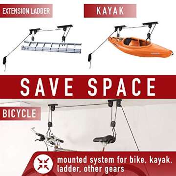 Comfecto Bike Ceiling Mount Lift Heavy Duty 50lbs Kayak Hoist Adjustable Hanging Garage Pulley Stora...