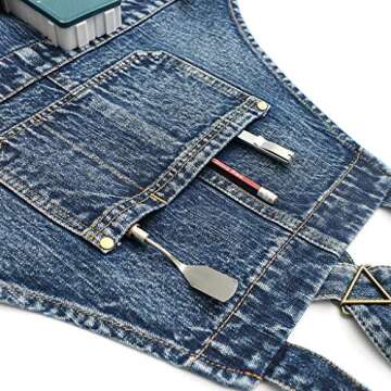 Jeanerlor Women's Cross Back Apron with Tool Pockets for Women Denim Work Teacher Aprons for Hair Stylist Cooking Kitchen (Blue) Adjustable S to M
