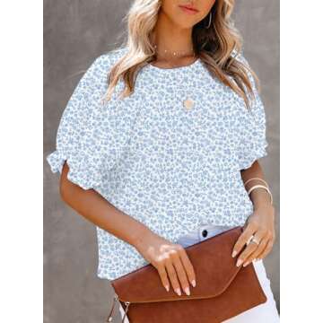 Dokotoo 2025 Summer Blouses for Women Tops Crew Neck Smocked Short Puff Sleeve Cute Boho Flowy Mini Tunic Tops Cute Floral Printed Blouses and Shirts for Juniors 2XL Sky Blue
