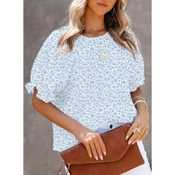 Dokotoo 2025 Summer Blouses for Women Tops Crew Neck Smocked Short Puff Sleeve Cute Boho Flowy Mini Tunic Tops Cute Floral Printed Blouses and Shirts for Juniors 2XL Sky Blue