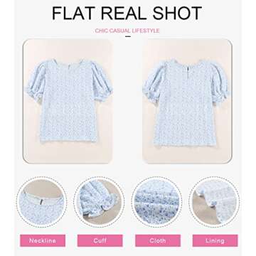 Dokotoo 2025 Summer Blouses for Women Tops Crew Neck Smocked Short Puff Sleeve Cute Boho Flowy Mini Tunic Tops Cute Floral Printed Blouses and Shirts for Juniors 2XL Sky Blue