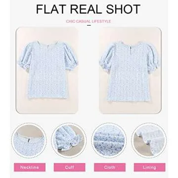Dokotoo 2025 Summer Blouses for Women Tops Crew Neck Smocked Short Puff Sleeve Cute Boho Flowy Mini Tunic Tops Cute Floral Printed Blouses and Shirts for Juniors 2XL Sky Blue