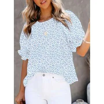 Dokotoo 2025 Summer Blouses for Women Tops Crew Neck Smocked Short Puff Sleeve Cute Boho Flowy Mini Tunic Tops Cute Floral Printed Blouses and Shirts for Juniors 2XL Sky Blue