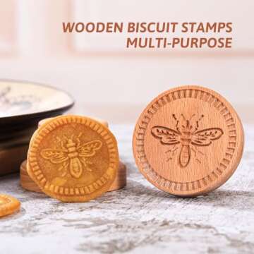 Wood Cookie Stamp 2.5 Inch Wooden Cookie Mold Carved Wooden Cookie Press Mold Pressed Biscuit Mold Maveite 3D Wooden Baking Mould Embossing Craft Decorating Baking Tool (Honeybee)