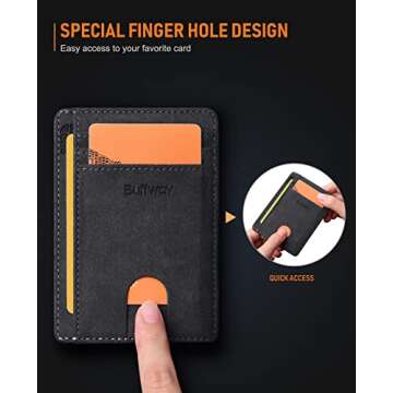 Buffway Slim Minimalist Front Pocket RFID Blocking Leather Wallets for Men and Women - At Sahara Carbon Black