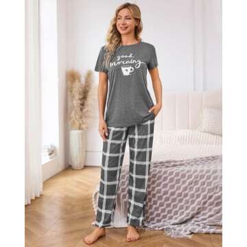 difficort Women's Pajama Sets Print Short Sleeve Top and Long Pants Sleep Set with Pockets, Grey, Large