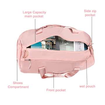 TINNIVI Sports Gym Bag Travel Duffel Bag Waterproof Weekender Overnight Tote Carry On Bag with Wet Pocket & Shoes Compartment for Men Women Lightweight Adjustable Strap (Pink)