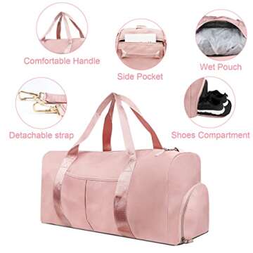 TINNIVI Sports Gym Bag Travel Duffel Bag Waterproof Weekender Overnight Tote Carry On Bag with Wet Pocket & Shoes Compartment for Men Women Lightweight Adjustable Strap (Pink)