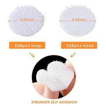 Self Adhesive Dots, 1056pcs(528 Pairs) 0.59” Diameter White Sticky dots, Hook & Loop dots with Strong Adhesive, Sticky Back Tapes 15mm for Classroom, Office, Home