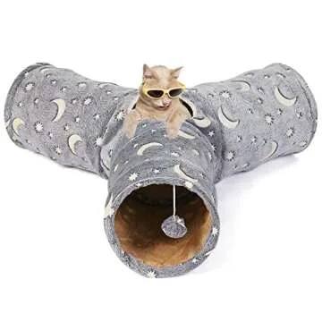 LUCKITTY Cat Tube Tunnel with Plush Ball Toys Collapsible Self-Luminous, for Cat Small Pets Bunny Rabbits, Kittens, Ferrets,Puppy and Dogs Grey Moon Star 3 Way