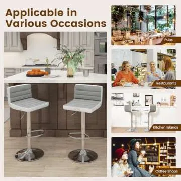 COSTWAY Adjustable Bar Stools Set of 2, Modern Swivel PU Leather Bar Chairs with Back, Footrest, Counter Height Upholstered Barstools for Kitchen Island Dining Living Room Bistro Pub Cafe, Grey+White