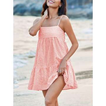 LPCBDEE Womens Plaid A-line Dresses Shoulder Straps Ruffle Hem Casual Mini Dress with Side Pocket Pi...