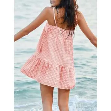 LPCBDEE Women's Plaid A-Line Casual Mini Dress with Pockets