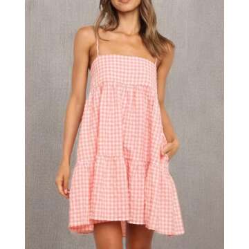 LPCBDEE Womens Plaid A-line Dresses Shoulder Straps Ruffle Hem Casual Mini Dress with Side Pocket Pink