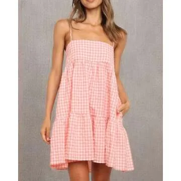 LPCBDEE Women's Plaid A-Line Casual Mini Dress with Pockets