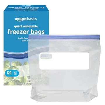 Amazon Basics Reclosable Freezer Quart Bags, Stand & Fill Base, 120 Count