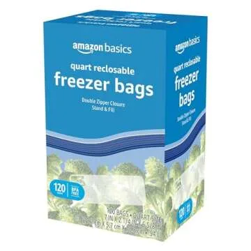 Amazon Basics Reclosable Freezer Quart Bags, Stand & Fill Base, 120 Count