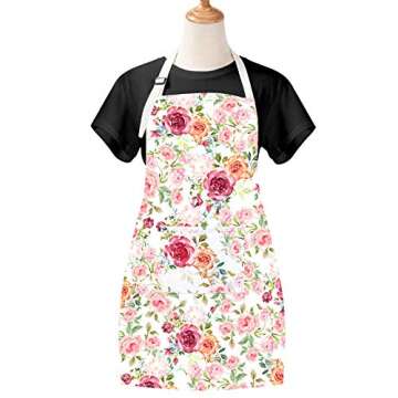 Claswcalor Pink Flowers Apron with Pockets, Floral Apron for Cooking, Watercolor Rose Kitchen Apron for Women, Adjustable Bib Apron, Waterproof
