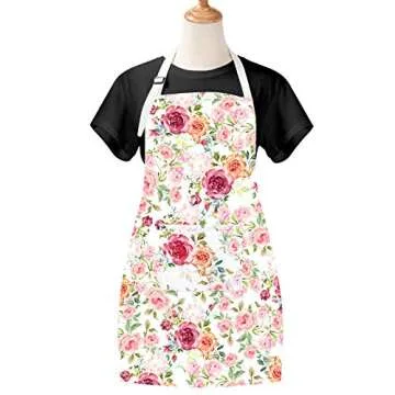 Claswcalor Pink Flowers Apron with Pockets, Floral Apron for Cooking, Watercolor Rose Kitchen Apron for Women, Adjustable Bib Apron, Waterproof