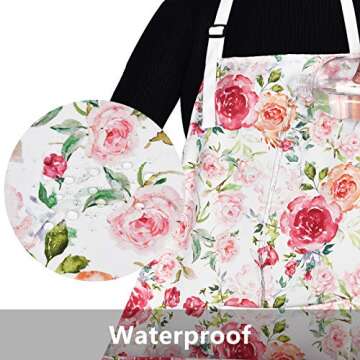 Claswcalor Pink Flowers Apron with Pockets, Floral Apron for Cooking, Watercolor Rose Kitchen Apron for Women, Adjustable Bib Apron, Waterproof