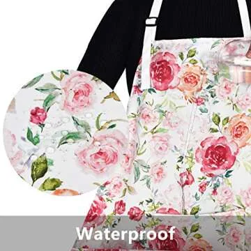 Claswcalor Pink Flowers Apron with Pockets, Floral Apron for Cooking, Watercolor Rose Kitchen Apron for Women, Adjustable Bib Apron, Waterproof