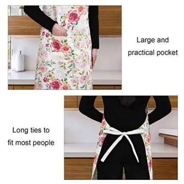 Claswcalor Pink Flowers Apron with Pockets, Floral Apron for Cooking, Watercolor Rose Kitchen Apron for Women, Adjustable Bib Apron, Waterproof