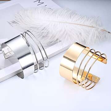 SAILIMUE 6 Pcs Cuff Bangle Bracelet for Women Gold Cuff Bracelets Open Wide Wire Bracelets Adjustable Sliver Gold-Tone Wrist Cuff Wrap Bracelet