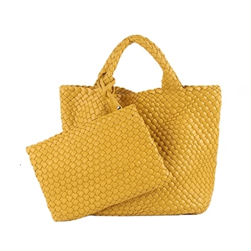Woven Tote Bag, Women Macaron Soft Leather Weave Handbag Purse Wrist Bag Large Capacity Work Shoppin...