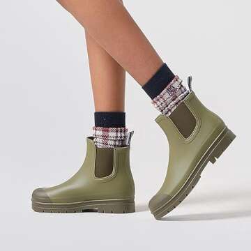 planone Short rain boots for women waterproof size 7 Olive green garden shoes anti-slipping chelsea rainboots for ladies comfortable insoles stylish light ankle rain shoes matte outdoor work shoes