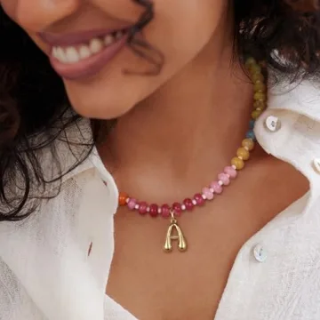 KissYan Bohemian Gemstone Initial Necklace Personalized Jewelry