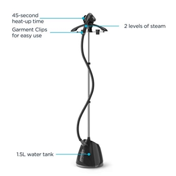 Rowenta, Steamer for Clothes, Pro Style Full Size Steamer with 45 second heat-up & Removable 50 oz Water Tank, 1500 Watts, Included Clips to Hang Clothes, Ironing, Black Clothes Steamer, IS2461