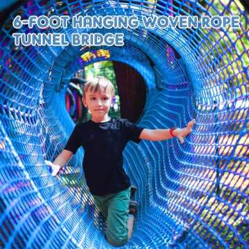 ShinyRelief 6 x 3 ft Climbing Net Rope Outdoor Rope Bridge Tunnel for Treehouse Playground Hanging Blue Woven Rope Tunnel Suspension Crawl Rope Bridge for Backyard Play Equipment, Hold up 440 Lbs