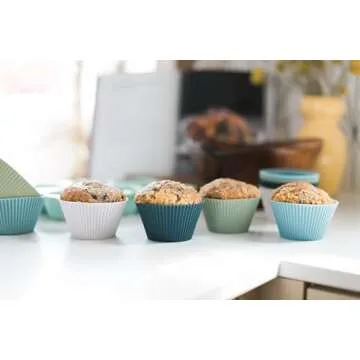 The Silicone Kitchen Reusable JUMBO Silicone Baking Cup, Non-Toxic, BPA Free, Dishwasher Safe, Jumbo, 12 Pack, White Blue Green