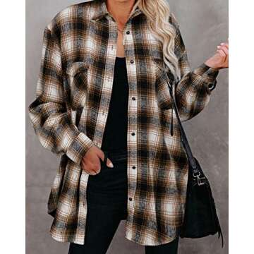 BTFBM Womens Plaid Jacket Long Sleeve Button Down Casual Flannel Shacket Shirts Loose Fall Spring Bl...