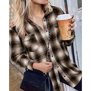 BTFBM Womens Plaid Jacket Long Sleeve Button Down Casual Flannel Shacket Shirts Loose Fall Spring Blouses Tops 2025(Plaid Brown, Medium)