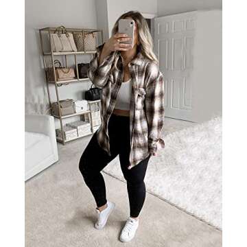 BTFBM Womens Plaid Jacket Long Sleeve Button Down Casual Flannel Shacket Shirts Loose Fall Spring Blouses Tops 2025(Plaid Brown, Medium)