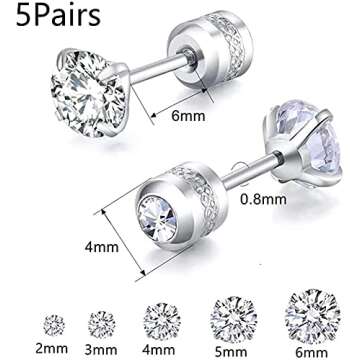 5 Pairs Screw Back Stud Earrings,Hypoallergenic Stainless Steel Cubic Zirconia Double Sided Ear Ring...