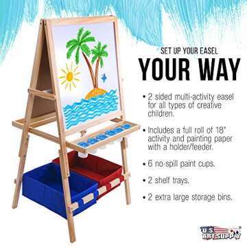 US Art Supply Cardiff Children's Art Activity Easel with Easel Paper Roll, 2 Large Storage Bins and Now 6 No-Spill Child's Paint Cups and Lids