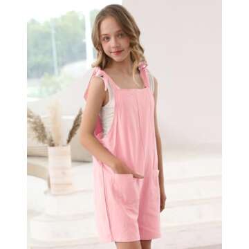 Lindanina Girls Romper Pink Sleeveless Casual Short Jumpsuits Cute Summer Adjustable Tie-Up Strap Loose Outfits Clothes 13-14 Years Children One Piece Overalls with Pocket Daily Wear