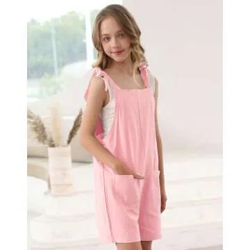 Lindanina Girls Romper Pink Sleeveless Casual Short Jumpsuits Cute Summer Adjustable Tie-Up Strap Loose Outfits Clothes 13-14 Years Children One Piece Overalls with Pocket Daily Wear