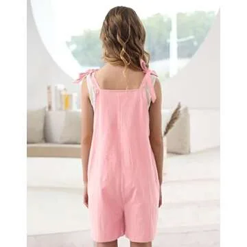 Lindanina Girls Romper Pink Sleeveless Casual Short Jumpsuits Cute Summer Adjustable Tie-Up Strap Loose Outfits Clothes 13-14 Years Children One Piece Overalls with Pocket Daily Wear