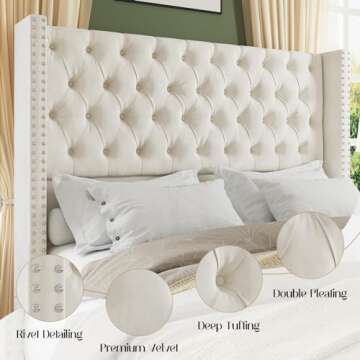 Jocisland King Upholstered Bed Frame with Tall Headboard Wingback Platform Bed Tufted Deep Button Velvet/No Box Spring Needed/Easy Assembly/Cream