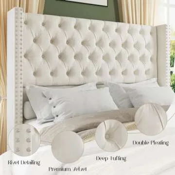 Jocisland King Upholstered Bed Frame with Tall Headboard Wingback Platform Bed Tufted Deep Button Velvet/No Box Spring Needed/Easy Assembly/Cream