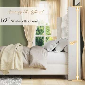 Jocisland King Upholstered Bed Frame with Tall Headboard Wingback Platform Bed Tufted Deep Button Velvet/No Box Spring Needed/Easy Assembly/Cream