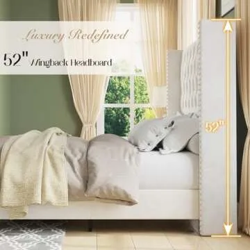 Jocisland King Upholstered Bed Frame with Tall Headboard Wingback Platform Bed Tufted Deep Button Velvet/No Box Spring Needed/Easy Assembly/Cream