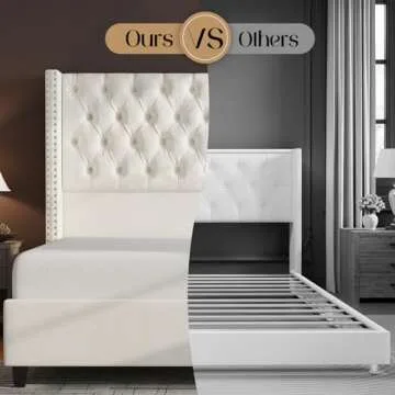 Jocisland King Upholstered Bed Frame with Tall Headboard Wingback Platform Bed Tufted Deep Button Velvet/No Box Spring Needed/Easy Assembly/Cream