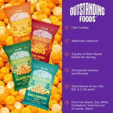 Outstanding Cheese Balls, Garlic Parmesan, 3 oz (Pack of 3) - Dairy-Free, Non-GMO, 4g Protein, Plant Based, Gluten Free, Vegan, 20 Essential Vitamins & Minerals (Crunchy Puffed Snacks)