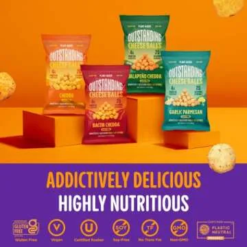 Outstanding Cheese Balls, Garlic Parmesan, 3 oz (Pack of 3) - Dairy-Free, Non-GMO, 4g Protein, Plant Based, Gluten Free, Vegan, 20 Essential Vitamins & Minerals (Crunchy Puffed Snacks)