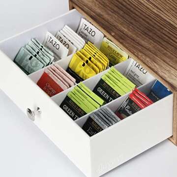 JACKCUBE DESIGN Rustic Wood Tea Storage Box Tea Bag Organizer Stand Holder Drawer / 12 Adjustable Co...