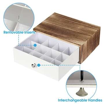 JACKCUBE DESIGN Rustic Wood Tea Storage Box Tea Bag Organizer Stand Holder Drawer / 12 Adjustable Compartments and White Faux Leather Drawer/Acrylic Divider - :MK447C